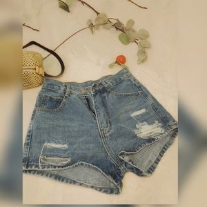 Distressed denim shorts
